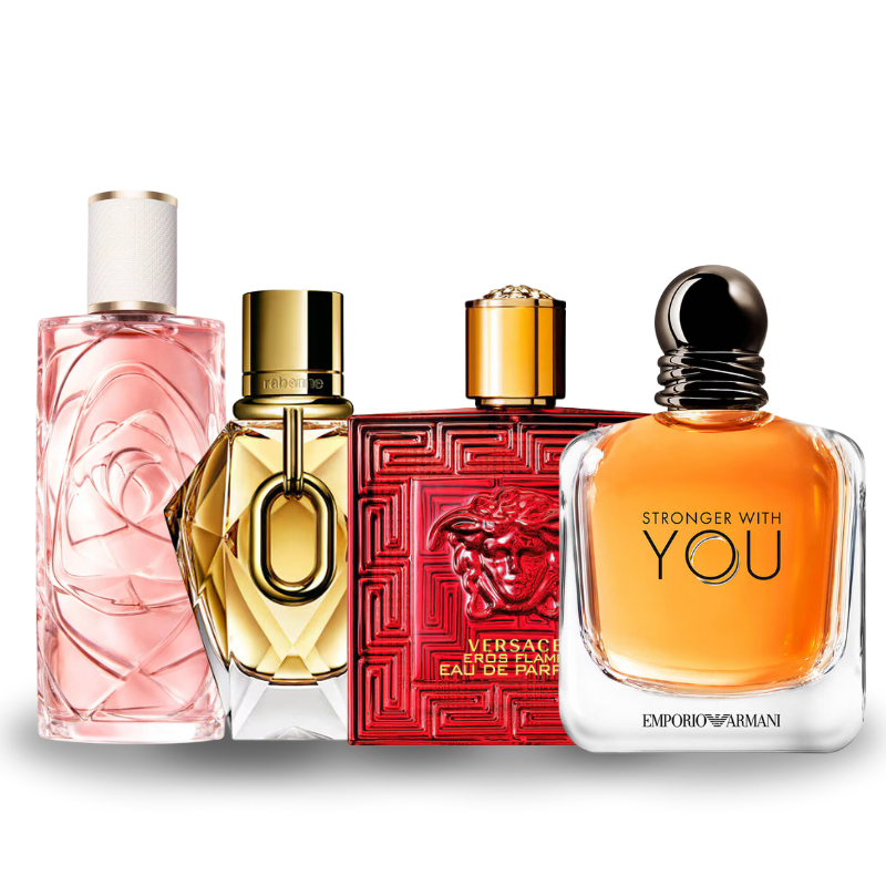 Especial Día de San Valentín Combo de 4 Perfumes Over The Top, Million Gold, Versace Eros Flame, Stranger With You 100ml